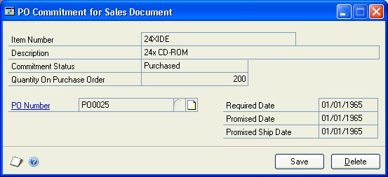 Screenshot of window, showing an example PO number and entries for required, promised, and promised ship dates.