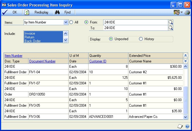 Screenshot of window, showing sample document types, numbers, dates, customer IDs, and extended pricing amounts.