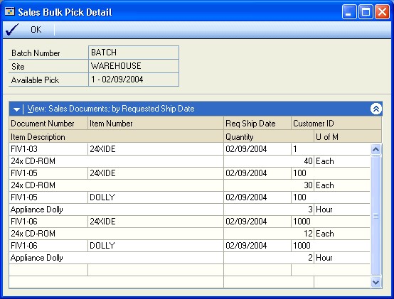 Screenshot of window, showing example lists of document numbers, item numbers, req ship dates, and Customer IDs.