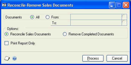 Screenshot of the Reconcile-Remove Sales Documents window.