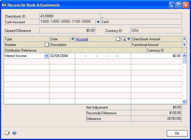 Screenshot shows the Reconcile Bank Adjustments window.