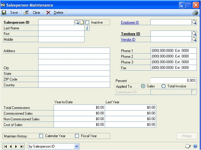 Screenshot of the Salesperson Maintenance window, showing default and empty input boxes.