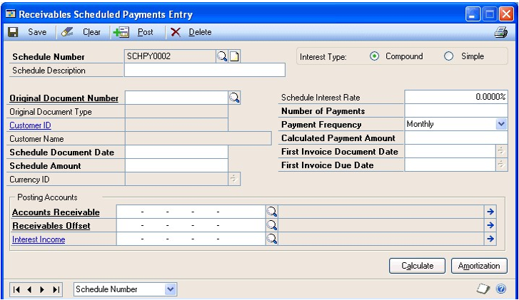 Screenshot of the Receivables Scheduled Payments Entry window.