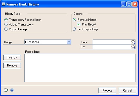 Screenshot shows the Remove Bank History window.