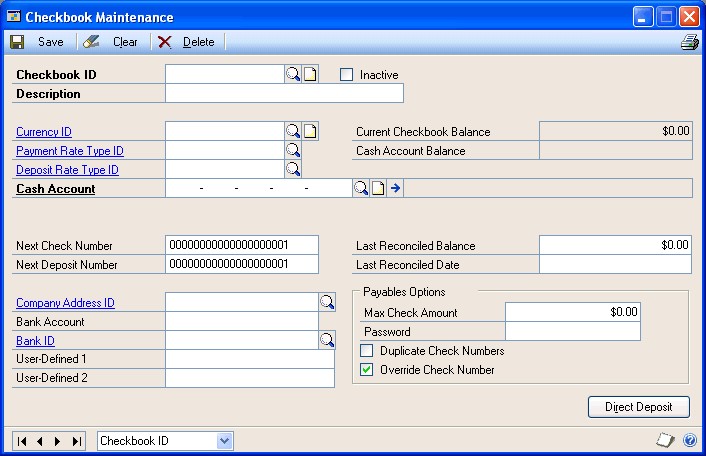 Screenshot shows the Checkbook Maintenance window.