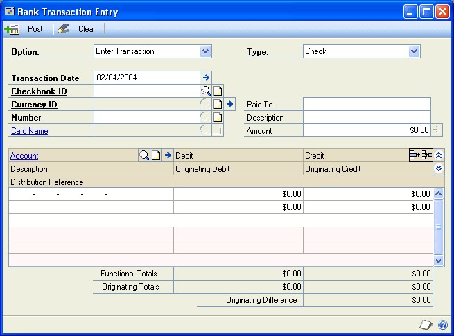 Screenshot shows the Bank Transaction Entry window.