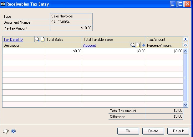 Screenshot of the Receivables Tax Entry window.