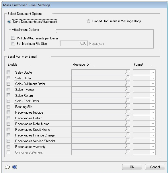 Screenshot of the window, showing the option to send documents as attachments is selected.