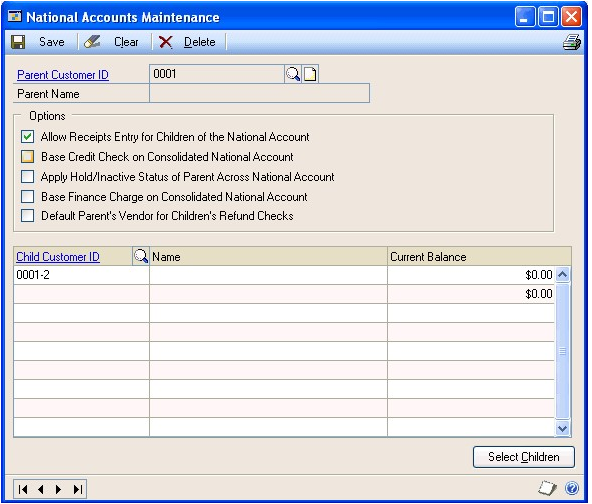 Screenshot of the National Accounts Maintenance window, showing default and empty input boxes.