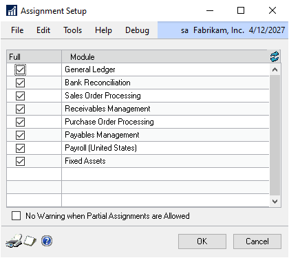 Screenshot of the Assignment Setup window.