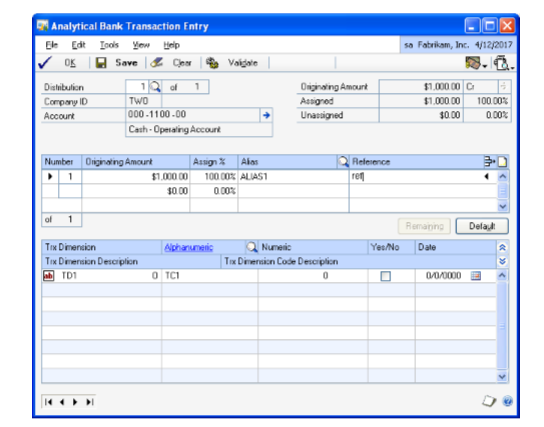 Screenshot of the Analytical Bank Transaction Entry window.