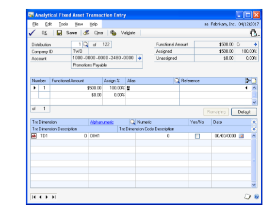 Screenshot of the Analytical Fixed Asset Transaction Entry window.