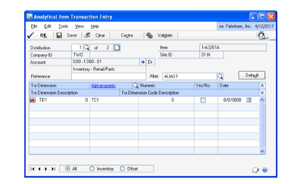 Screenshot of the Analytical Item Transaction Entry window.