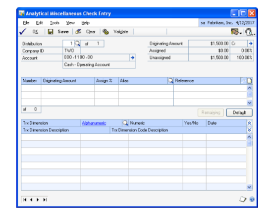 Screenshot of the Analytical Miscellaneous Check Entry window