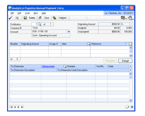 Screenshot of the Analytical Payables Manual Payment Entry window.