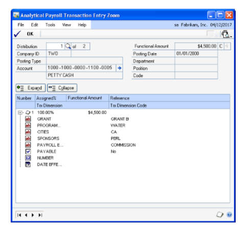 Screenshot of the Analytical Payroll Transaction Entry Zoom window.