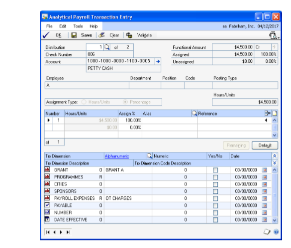 Screenshot of he Analytical Payroll Transaction Entry window.