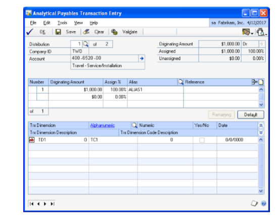 Screenshot of the Analytical Payables Transaction Entry window.