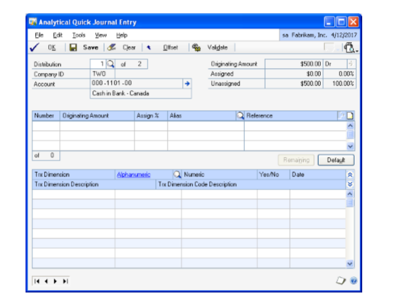 Screenshot of the Analytical Quick Journal Entry window.