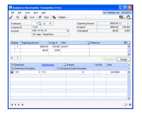 Screenshot of the Analytical Receivables Transaction Entry window.