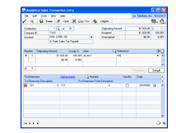Screenshot of the Analytical Sales Transaction Entry window.