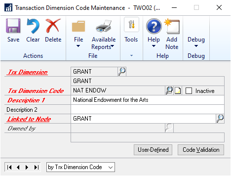 Screenshot of the Transaction Dimension Code Maintenance window.