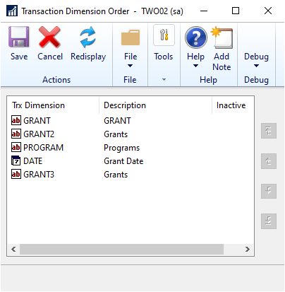 Screenshot of the Transaction Dimension Order window.