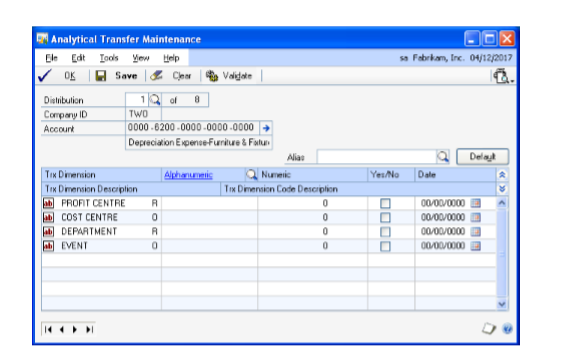 Screenshot of the Analytical Transfer Maintenance window.