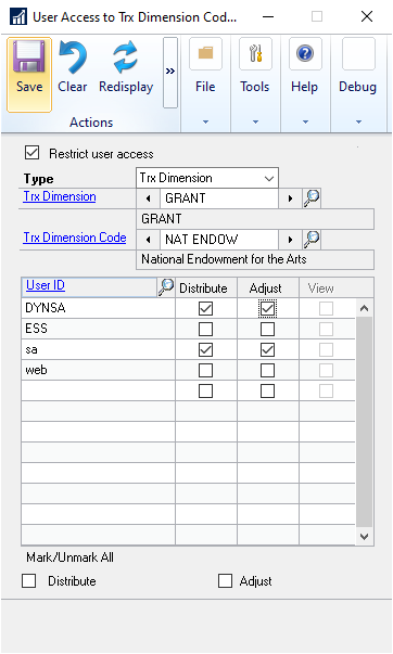 Screenshot of the User Access to Trx Dimension Codes window.