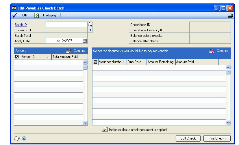 Screenshot shows the Edit Payables Checks Batch window.