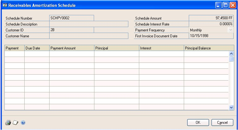 Screenshot of the Receivables Amortization Schedule window.