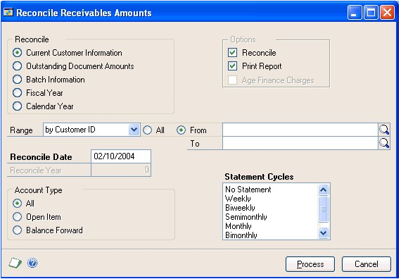 Screenshot of the Reconcile Receivables Amounts window, showing default entries and empty input boxes.