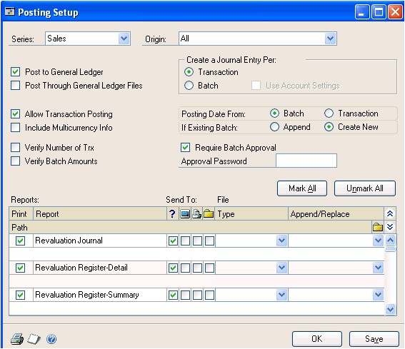 Screenshot of the window, showing default selections and example report entries.