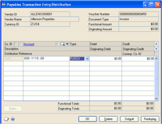 Screenshot of the Payables Transaction Entry Distribution window.