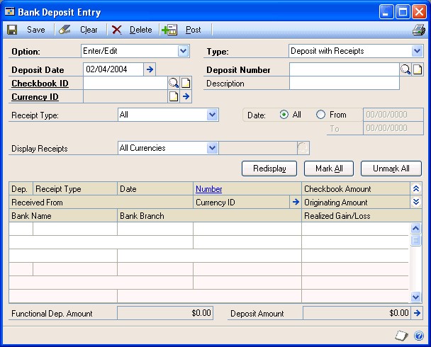 Screenshot shows the Bank Deposit Entry window.