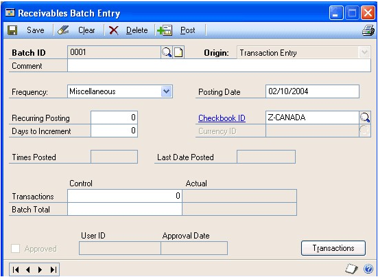 Screenshot of the Receivables Batch Entry window, showing default entries and empty input boxes.