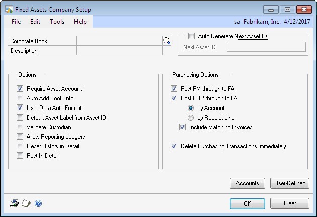 Screenshot shows the Fixed Assets Company Setup window.