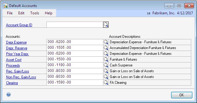 Screenshot shows the Default Accounts window.
