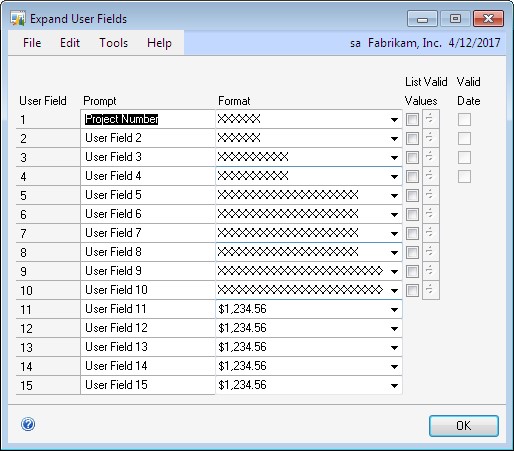 Screenshot shows the Expand User Fields window.