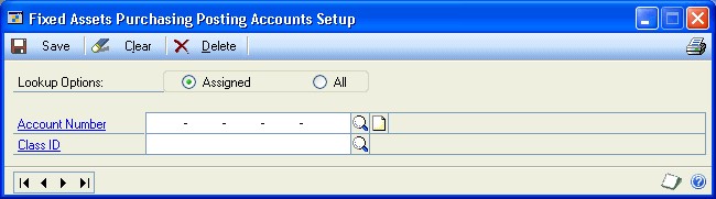 Screenshot shows the Fixed Assets Purchasing Posting Accounts Setup window.