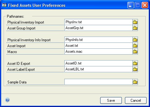 Screenshot shows the Fixed Assets User Preferences window.