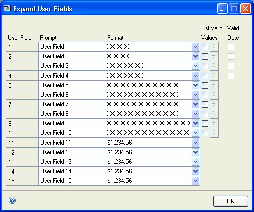 Screenshot shows another view of the Expand User Fields window.