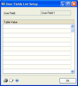 Screenshot shows the User Fields List Setup window.