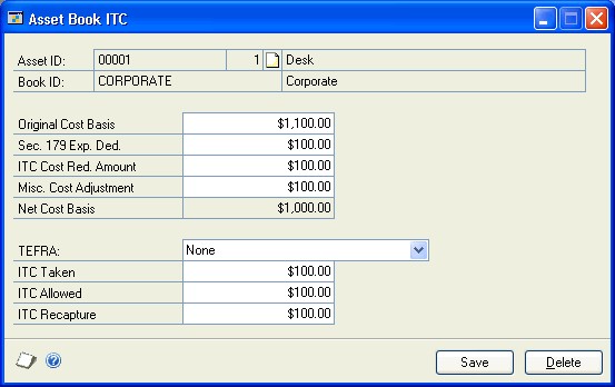 Screenshot shows the Asset Book ITC window.