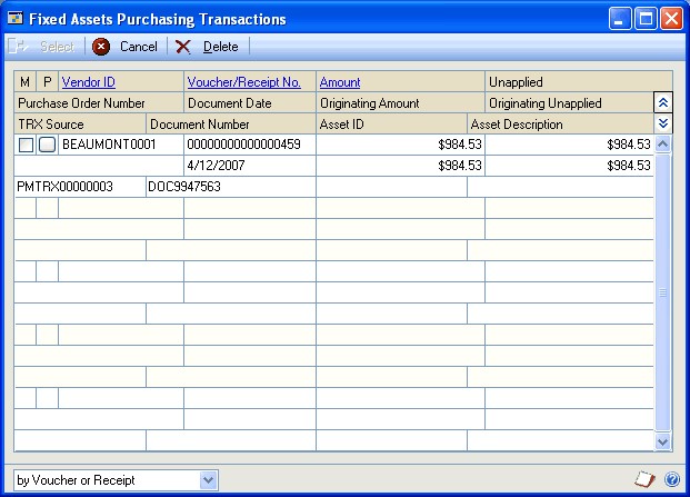 Screenshot shows the Fixed Assets Purchasing Transactions window.