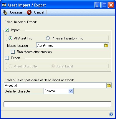 Screenshot shows the Asset Import/Export window.