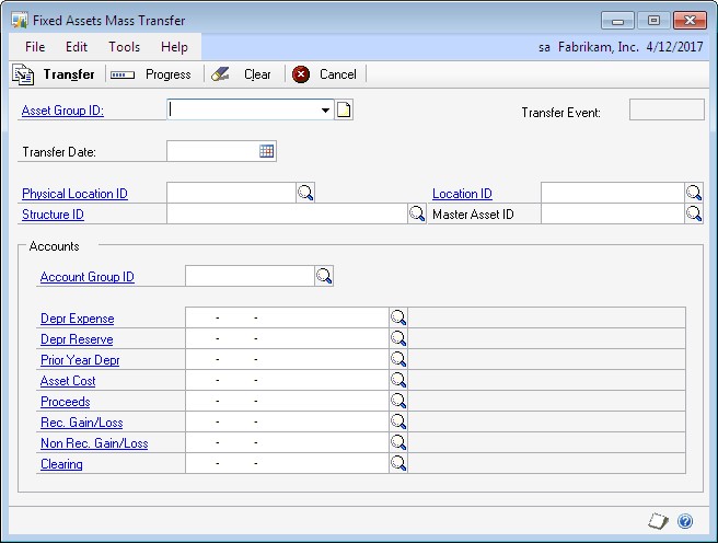 Screenshot shows the Fixed Assets Mass Transfer window.