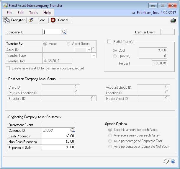 Screenshot shows the Fixed Assets Intercompany Transfer window.