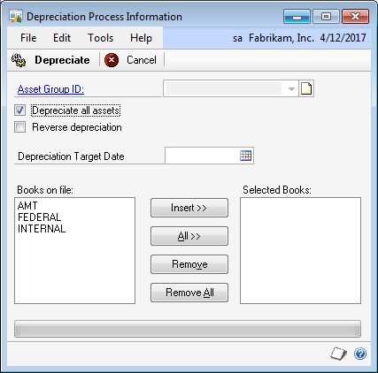 Screenshot shows the Depreciation Process Information window.