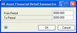Screenshot shows the Asset Financial Detail Summarize window.